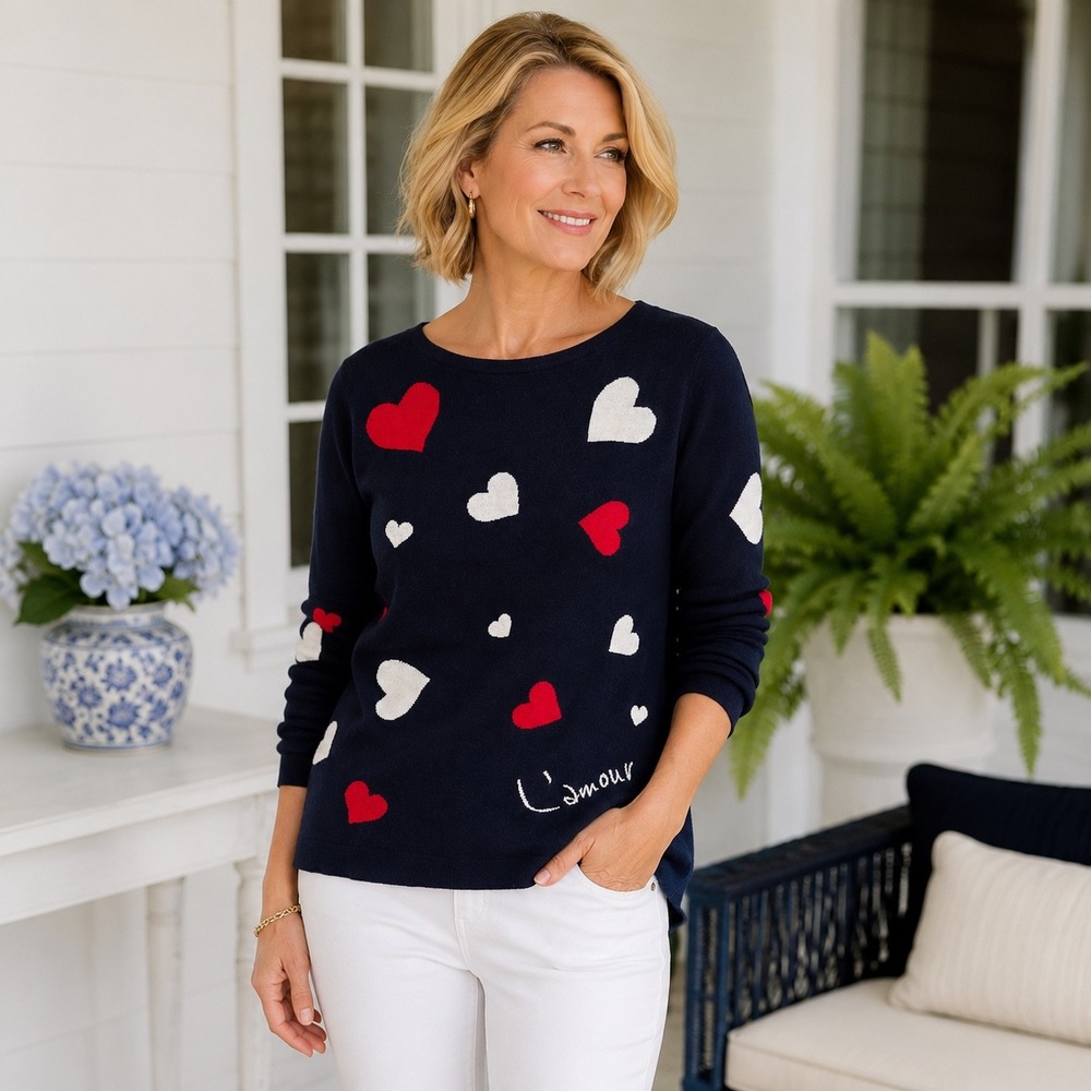 Talbots L'amour Heart Print Sweater Womens Size XL Navy Blue Cashmere Blend Knit
